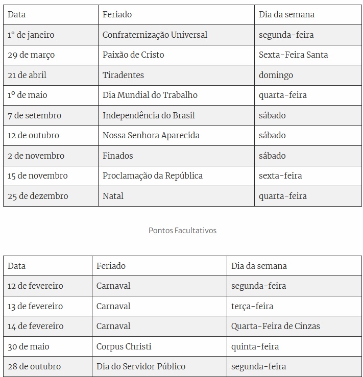 2024: Feriados E Pontos Facultativos